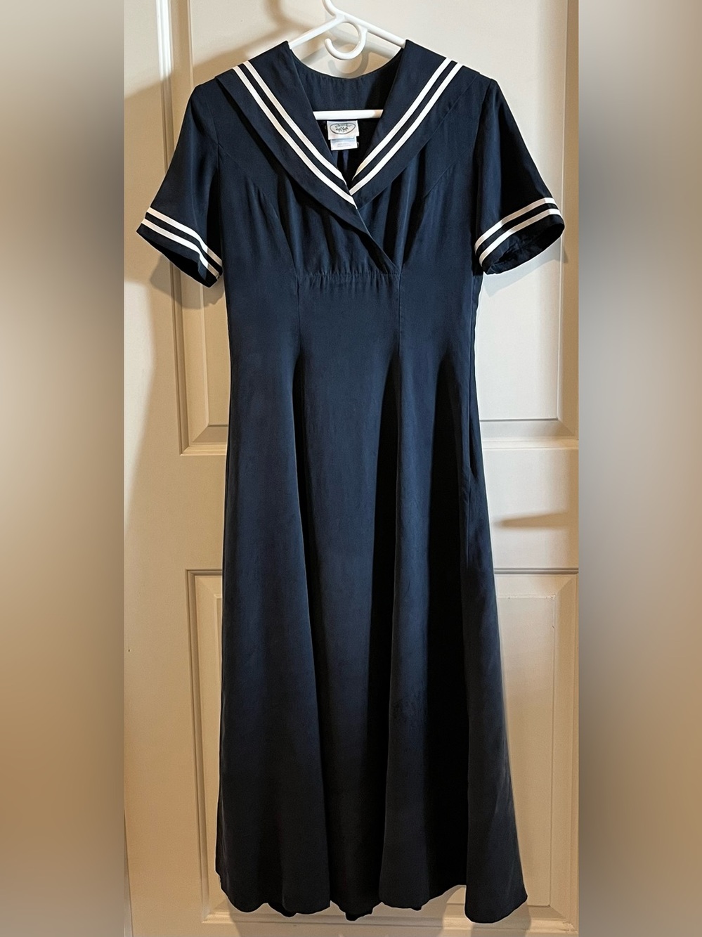 Vintage Laura Ashley Navy Midi Dress Sailor Inspired Silk Dress M